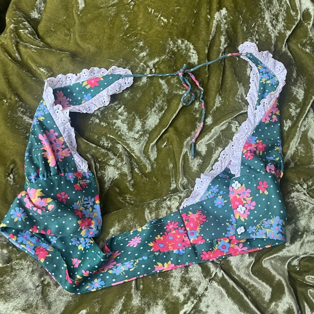 Vintage 1970s floral halter lace button flower green top boho chic - Picture 3 of 16